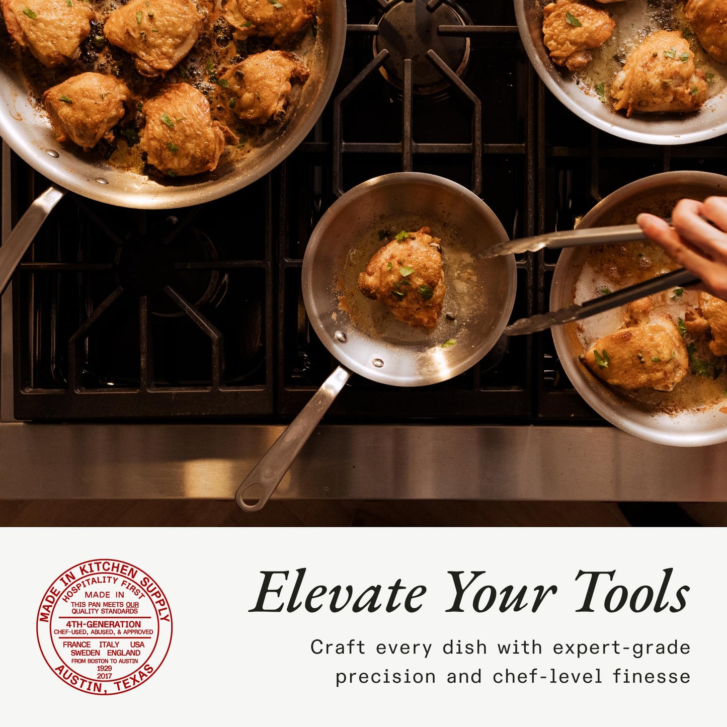 Cooking scene with food being prepared on a stovetop, featuring a brand logo at the bottom.