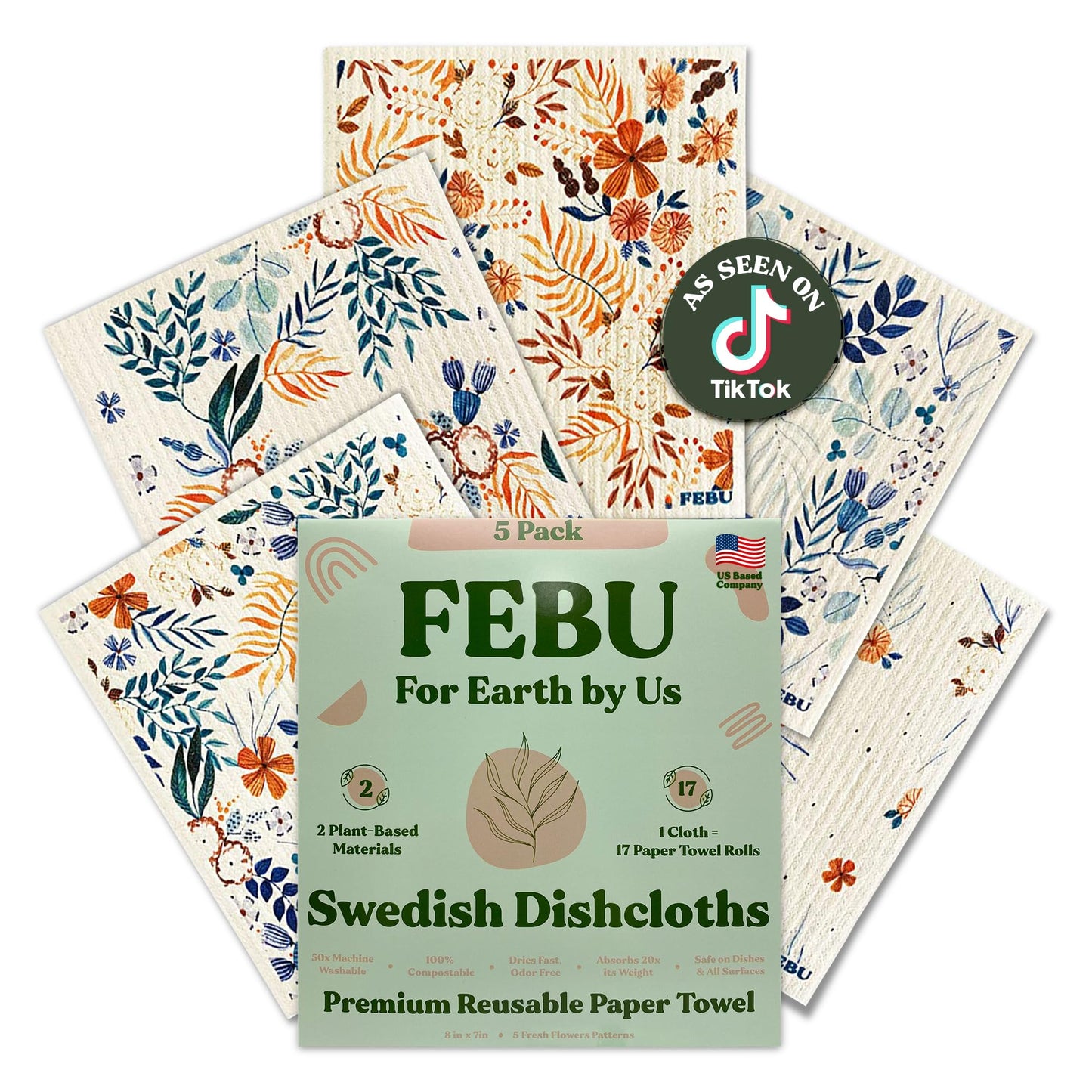 FEBU Reusable Swedish Dishcloths for Kitchen (5-Pack Sunset)