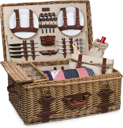 Picnic Time Charleston Luxury Picnic Basket for 4 (Willow & Cowhide Leather)
