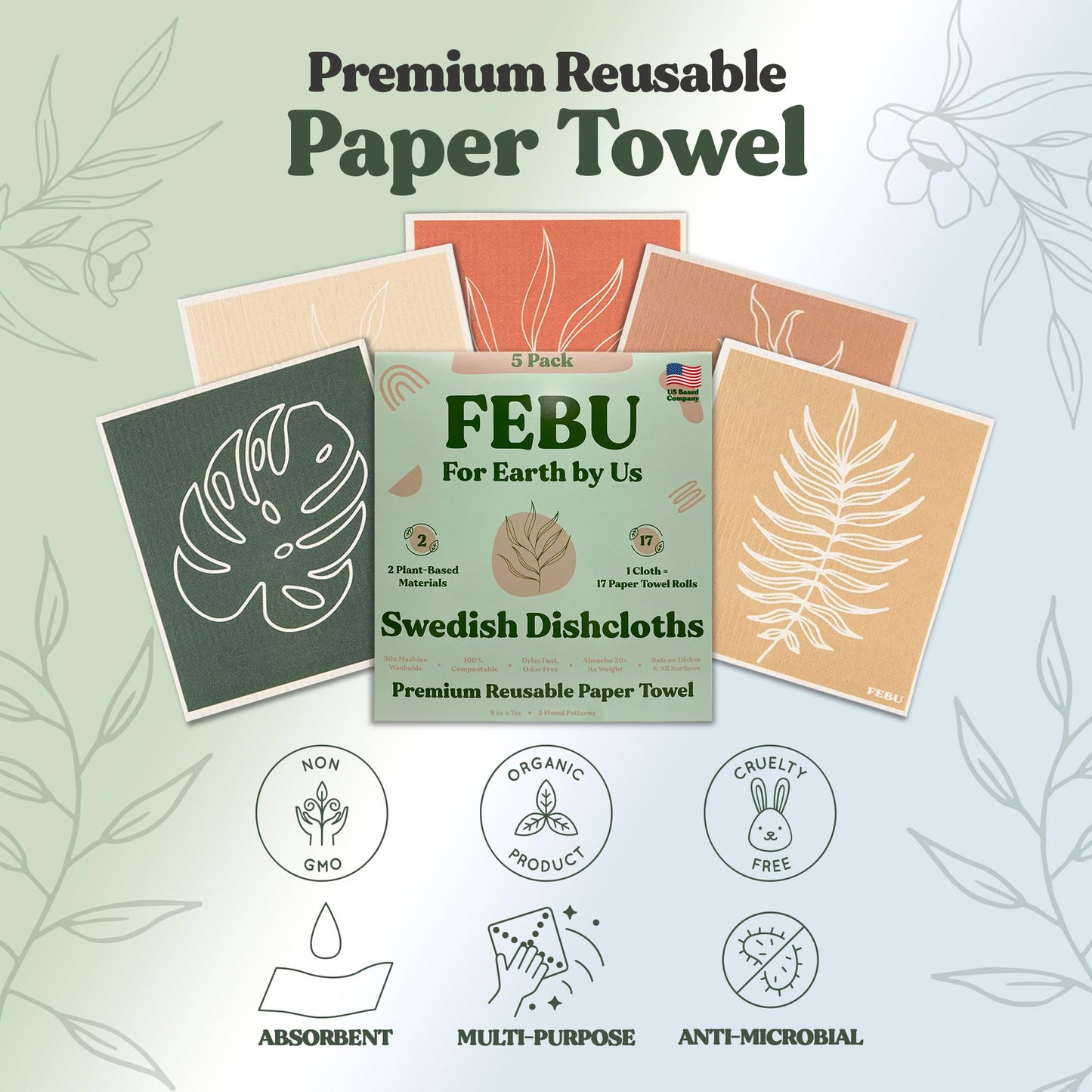 FEBU Reusable Swedish Dishcloths for Kitchen (5-Pack Sunset)