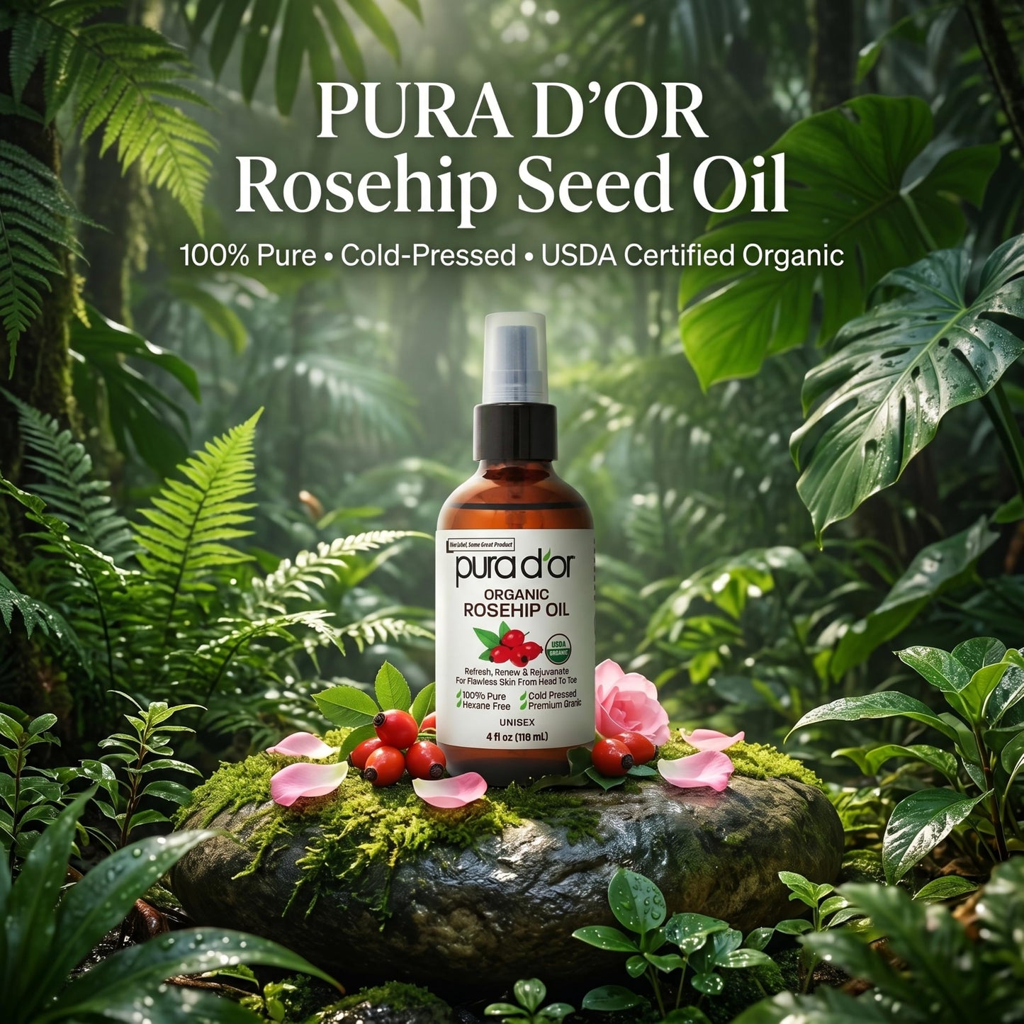 USDA Certified Organic Rosehip Seed Oil, 100% Pure Cold-Pressed – Pura D'or
