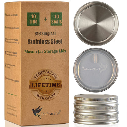 EcoPeaceful stainless steel mason jar lids with packaging and additional lids on a white background