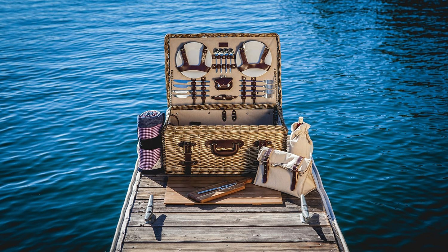 Picnic Time Charleston Luxury Picnic Basket for 4 (Willow & Cowhide Leather)