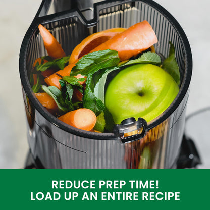 Blender container with vegetables and text promoting reduced prep time