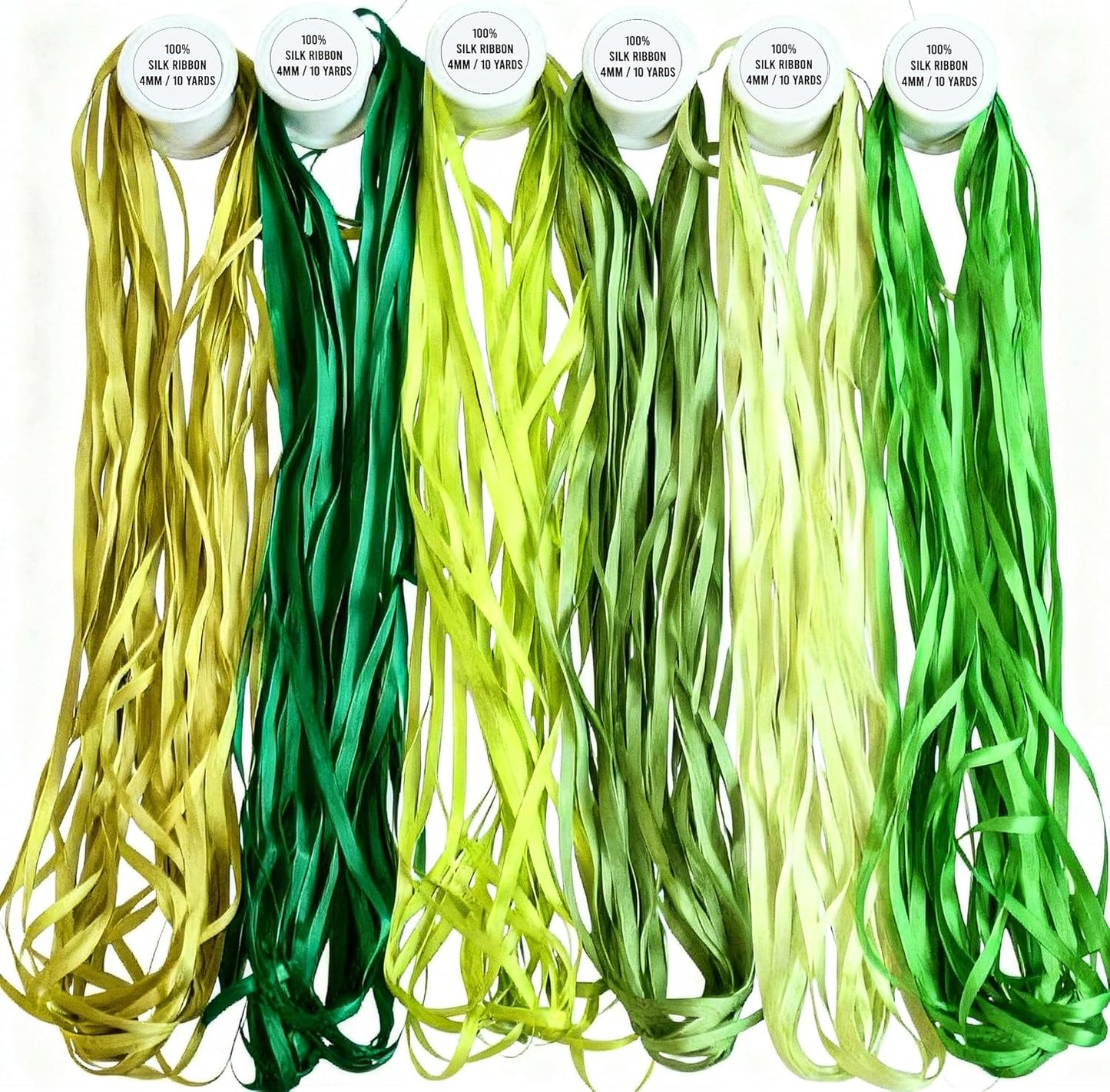 Set of green hair extensions with labeled ends on a white background