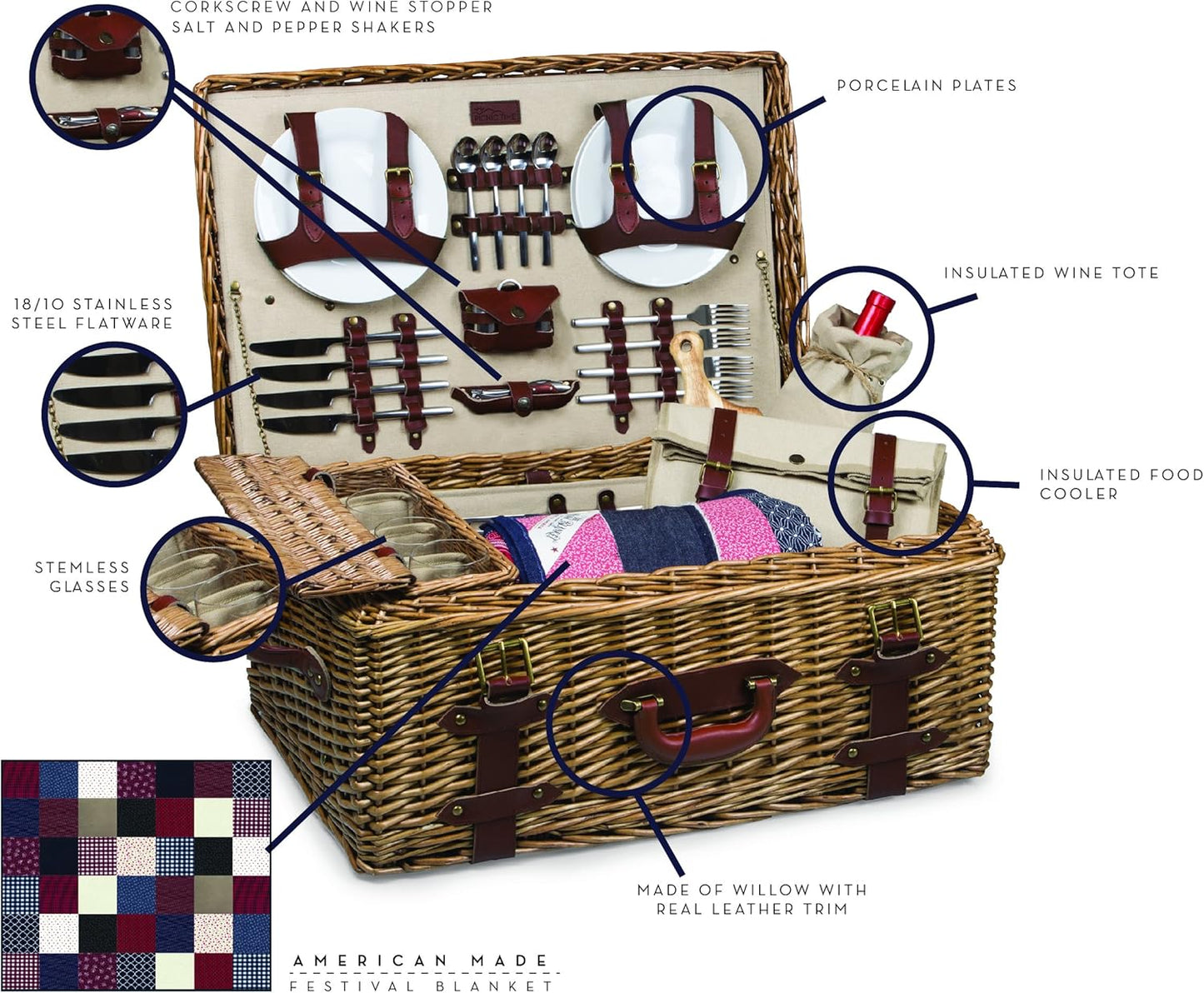 Picnic Time Charleston Luxury Picnic Basket for 4 (Willow & Cowhide Leather)