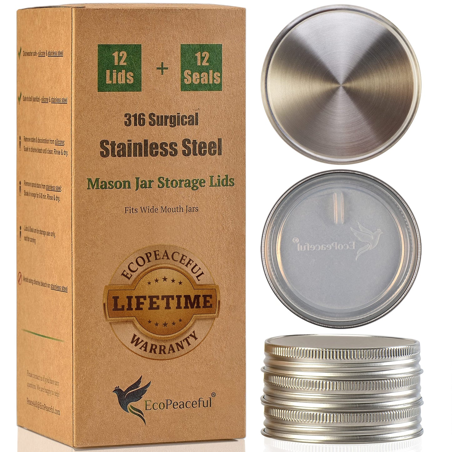 Plastic-Free 316 Stainless Steel Mason Jar Lids, 12-Pack – Regular Mouth