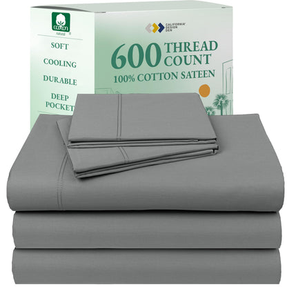 California Design Den 100% Cotton Sateen Sheets: 600 TC Luxury Set