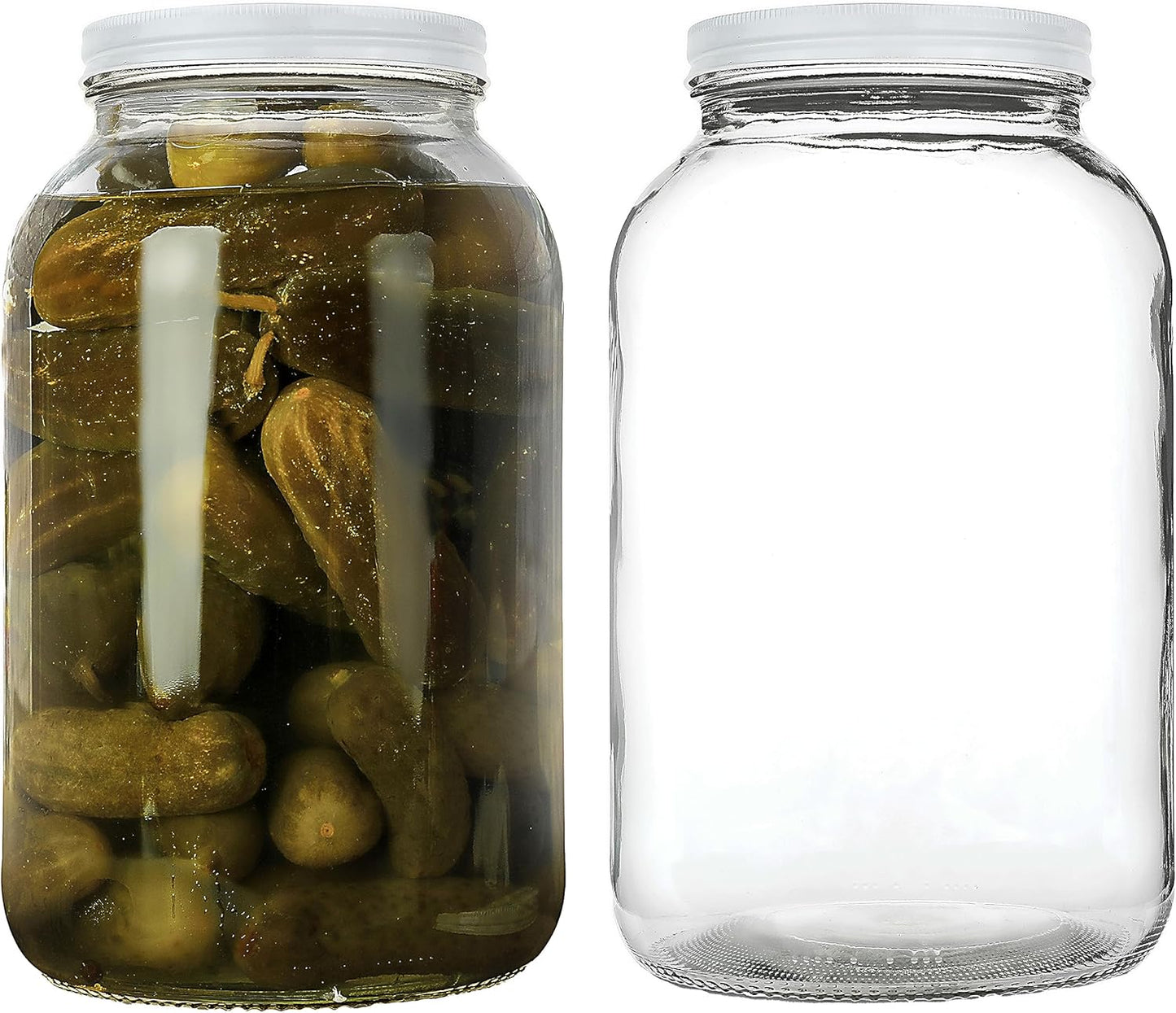 2 Kitchentoolz 1 gallon mason jar, one filled with pickles and the other empty, on a white background.