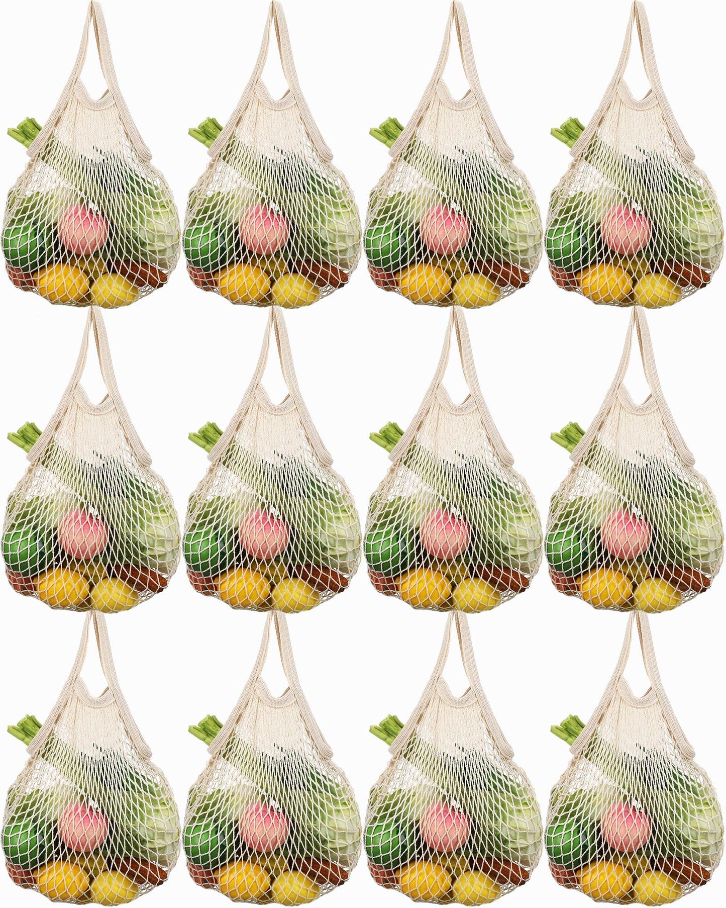 Set of eight reusable Eccliy cotton mesh grocery produce bags filled with fruits and vegetables.