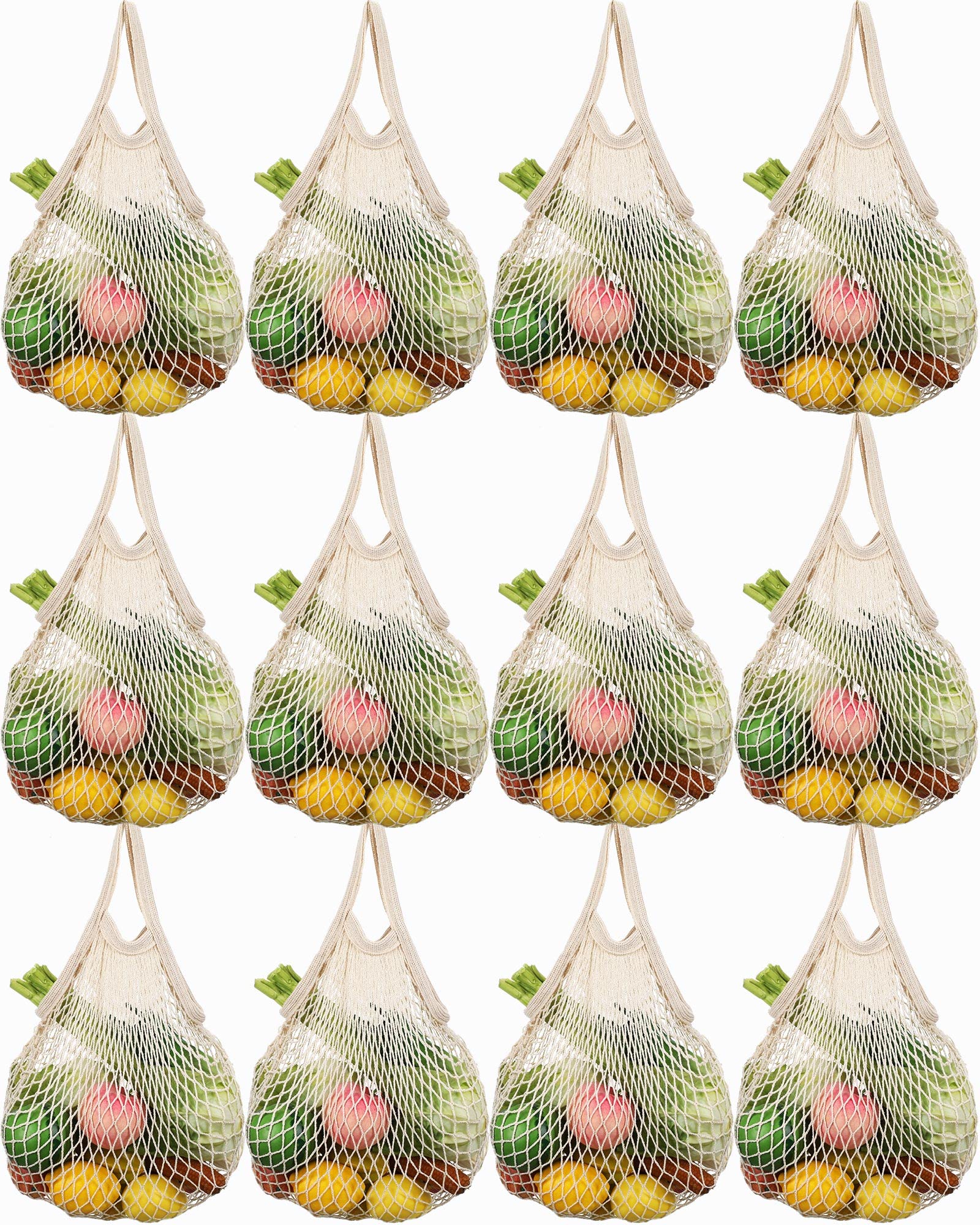 Set of eight reusable Eccliy cotton mesh grocery produce bags filled with fruits and vegetables.
