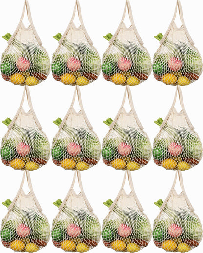 Set of eight reusable Eccliy cotton mesh grocery produce bags filled with fruits and vegetables.