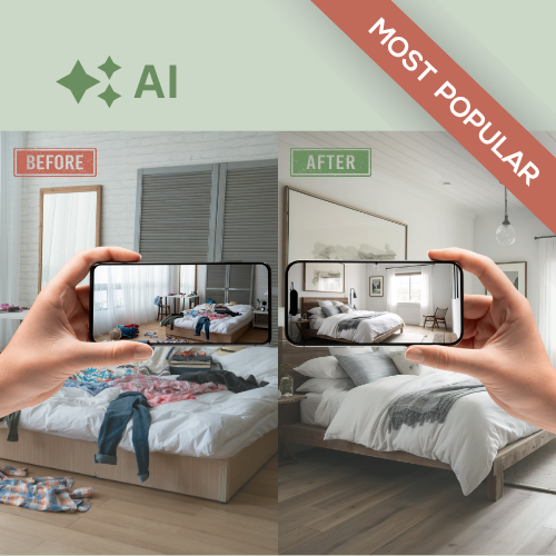 Before and after comparison of a bedroom with AI-enhanced cleaning feature.