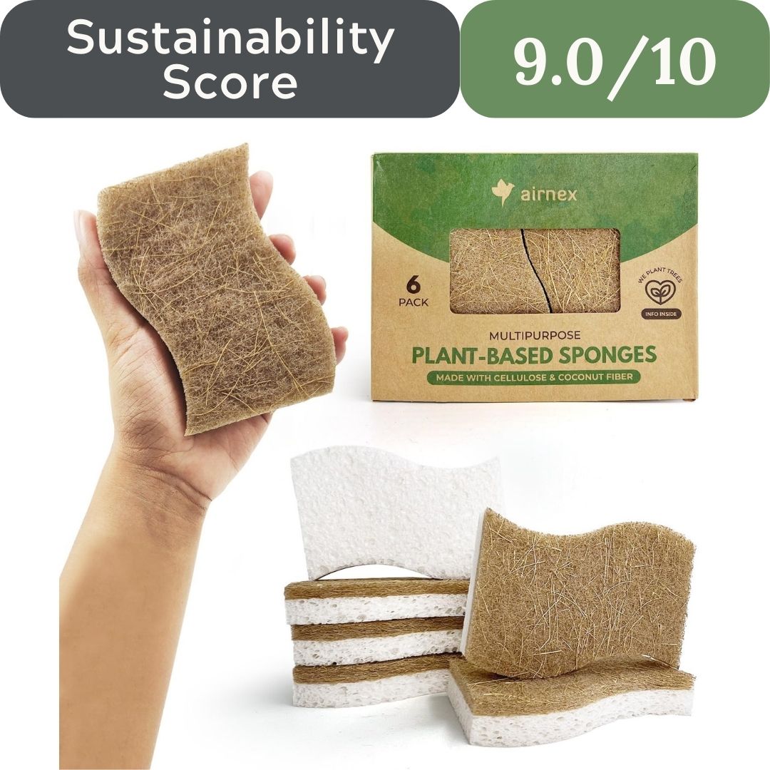 Plant-based sponges with a box labeled 'aimex' and a sustainability score displayed. Airnex Biodegradable Natural Sponges for microplastic-free non-toxic kitchen in USA 2026