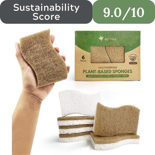 Plant-based sponges with a box labeled 'aimex' and a sustainability score displayed. Airnex Biodegradable Natural Sponges for microplastic-free non-toxic kitchen in USA 2026