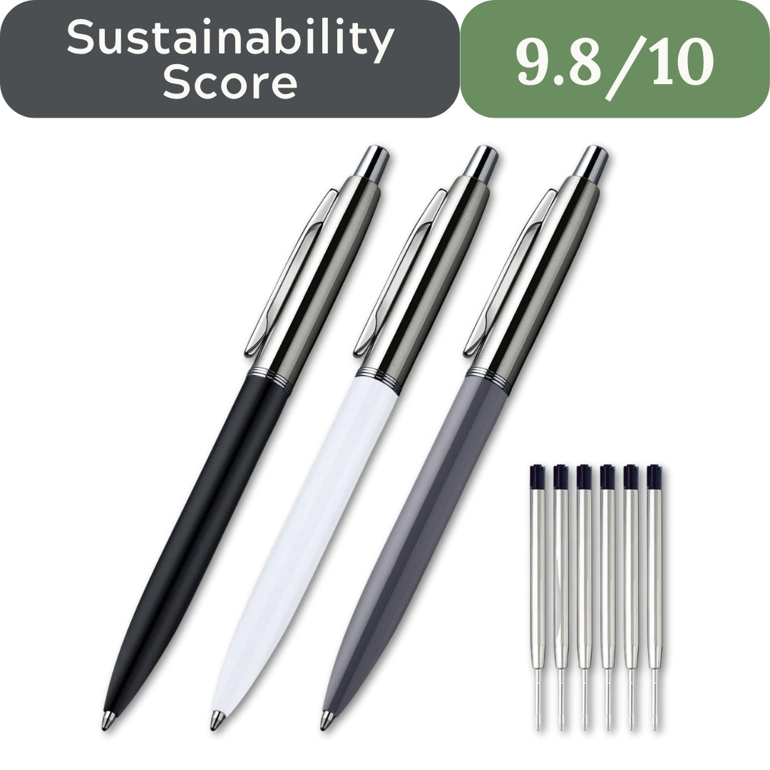 Three pens in black, white, and gray with a sustainability score of 9.8/10 displayed above them. ChaoQ Metal Retractable Pen Bundle for non-toxic chemical-free office in USA 2026