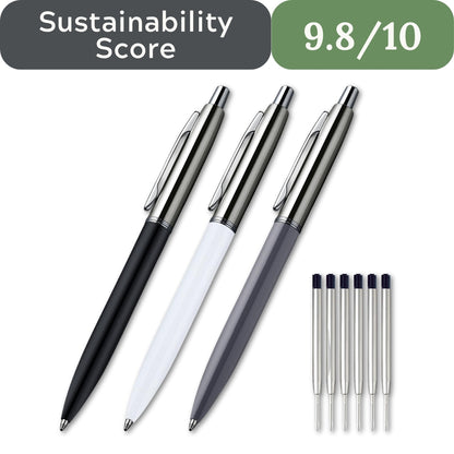 Three pens in black, white, and gray with a sustainability score of 9.8/10 displayed above them. ChaoQ Metal Retractable Pen Bundle for non-toxic chemical-free office in USA 2026