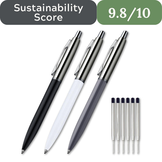 Three pens in black, white, and gray with a sustainability score of 9.8/10 displayed above them. ChaoQ Metal Retractable Pen Bundle for non-toxic chemical-free office in USA 2026
