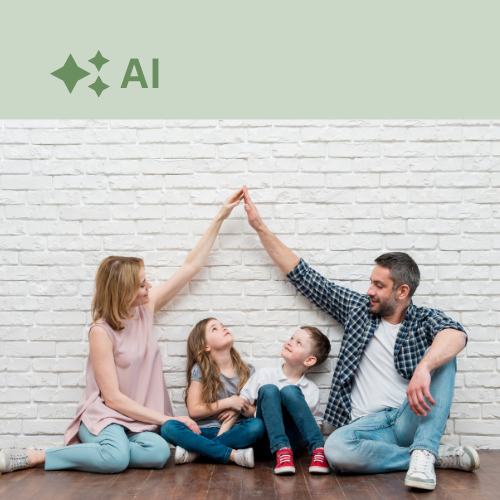 Family sitting on the floor with a white brick wall background and AI logo.