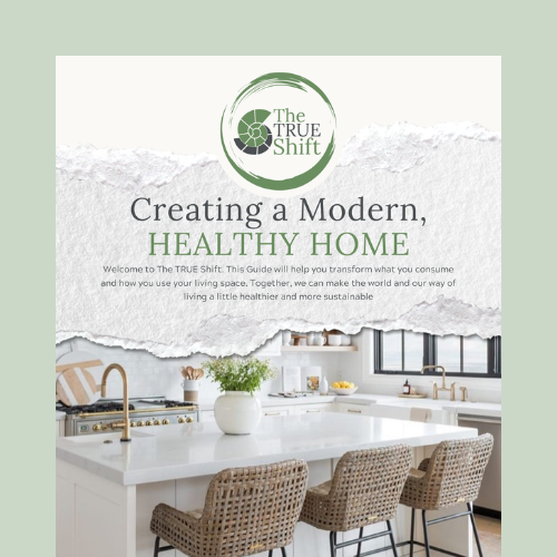 Cover of 'The TRUE Shift' guide for creating a modern, healthy home with a kitchen background.