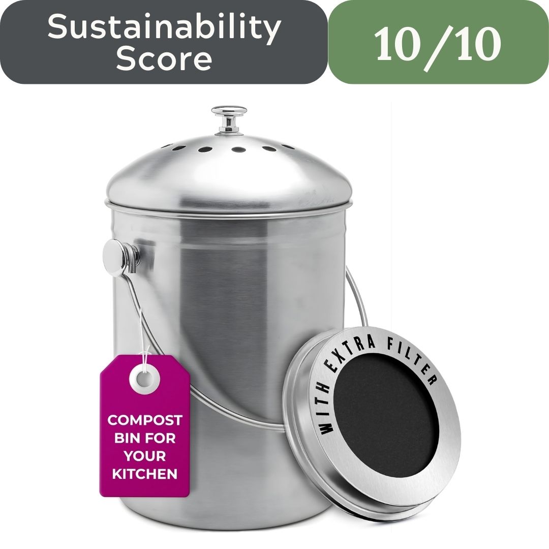 Stainless steel compost bin with a purple tag and text on a white background. Epica Stainless Steel Compost Bin for microplastic-free non-toxic kitchen in USA 2026