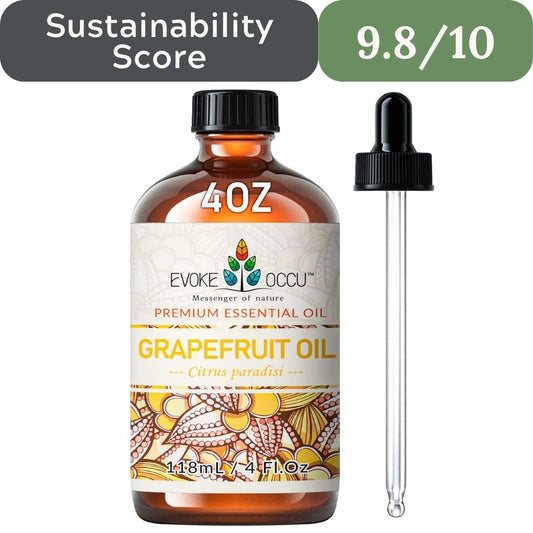 Bottle of grapefruit essential oil with a dropper and sustainability score displayed.
