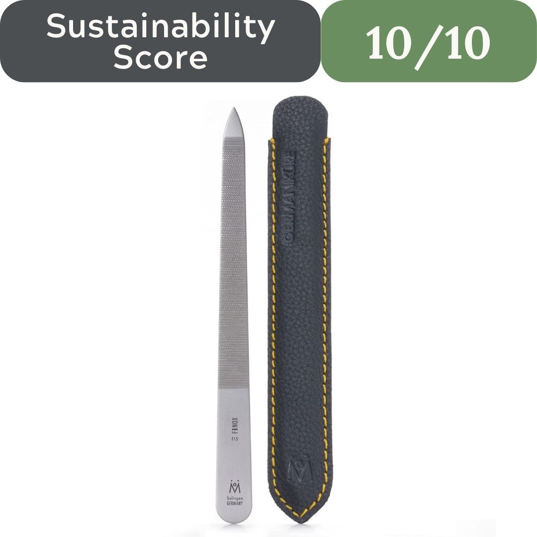 Tweezer with black case on white background, sustainability score displayed. Germanikure Stainless Nail File for chemical-free non-toxic personal care in USA 2026