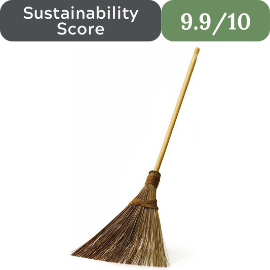 Traditional broom with a sustainability score of 9.9/10 displayed above it. Garden Broom for eco-friendly non-toxic cleaning in USA 2026