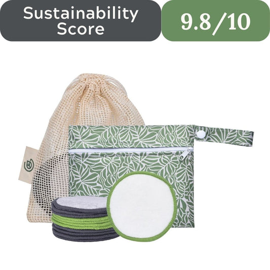 Set of reusable products including a drawstring bag, pouch, and circular items with a sustainability score displayed.