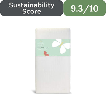 Product packaging with a sustainability score displayed on a white background. Lullaby Earth Breathe Safe Crib Mattress for non-toxic baby sleep in 2026