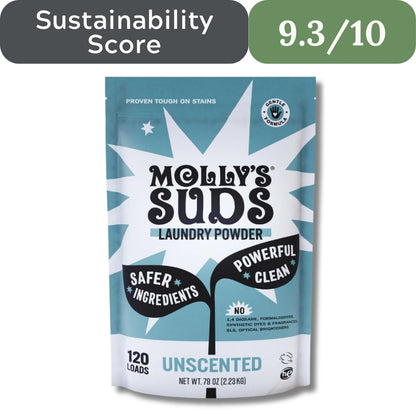 Molly's Suds laundry powder package with sustainability score displayed