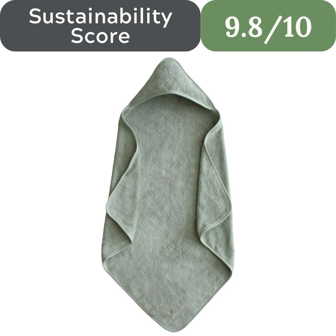 Folded gray towel with sustainability score 9.8/10 displayed above on a white background