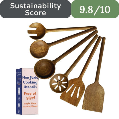 Microplastic-Free Solid Acacia Wooden Utensil Set, Glue-Free, 6-Piece