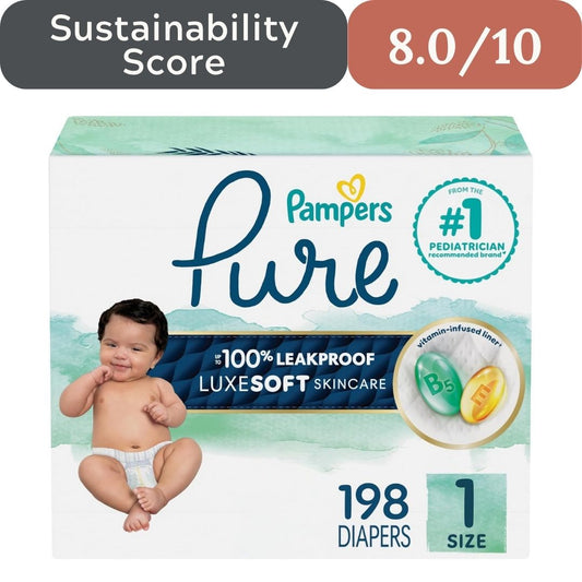 Pampers Pure diaper package with a baby image and sustainability score text.