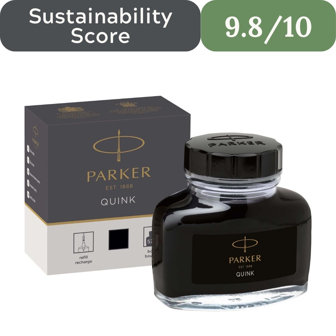 Parker ink bottle and packaging with a sustainability score displayed. Parker Quink Ink Bottle for sustainable non-toxic gift wrap in USA 2026