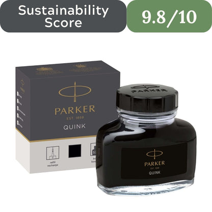 Parker ink bottle and packaging with a sustainability score displayed. Parker Quink Ink Bottle for sustainable non-toxic gift wrap in USA 2026