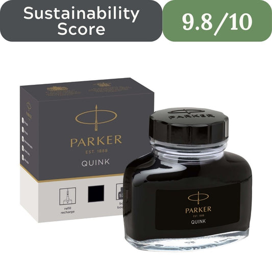 Parker ink bottle and packaging with a sustainability score displayed. Parker Quink Ink Bottle for sustainable non-toxic gift wrap in USA 2026