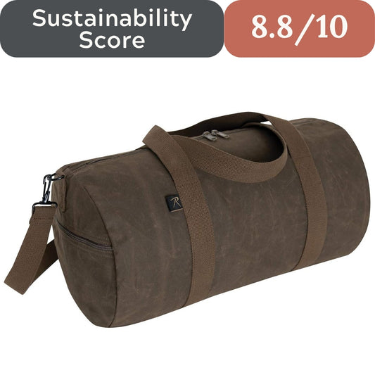 Brown duffel bag with a sustainability score label on a white background