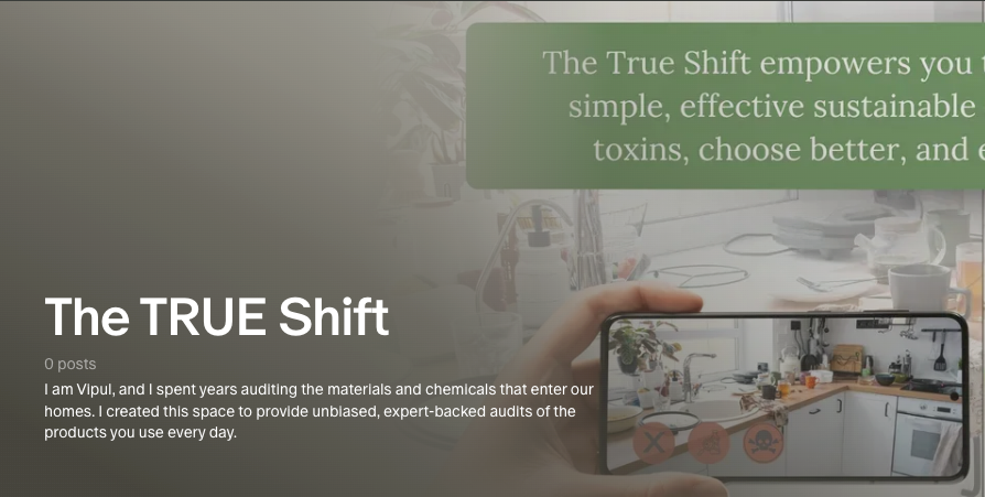 Person holding a phone with a kitchen scene on screen, overlaid text about 'The TRUE Shift'.