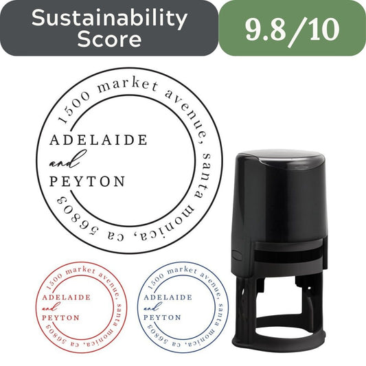 Black stamp with personalized design and 'Sustainability Score' rating on a white background. Personalized Brass Embosser Stamp for sustainable non-toxic gift wrap in USA 2026