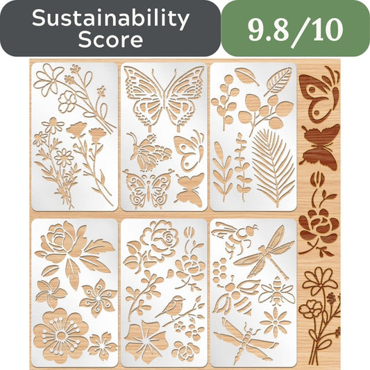 Set of floral and butterfly stencils with a sustainability score displayed above. Lewtemi Metal Stencils for sustainable non-toxic gift wrap in USA 2026