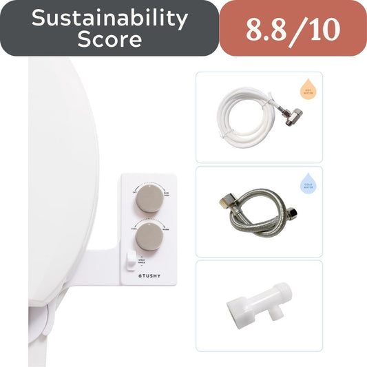 Tushy bidet components with a sustainability score displayed
