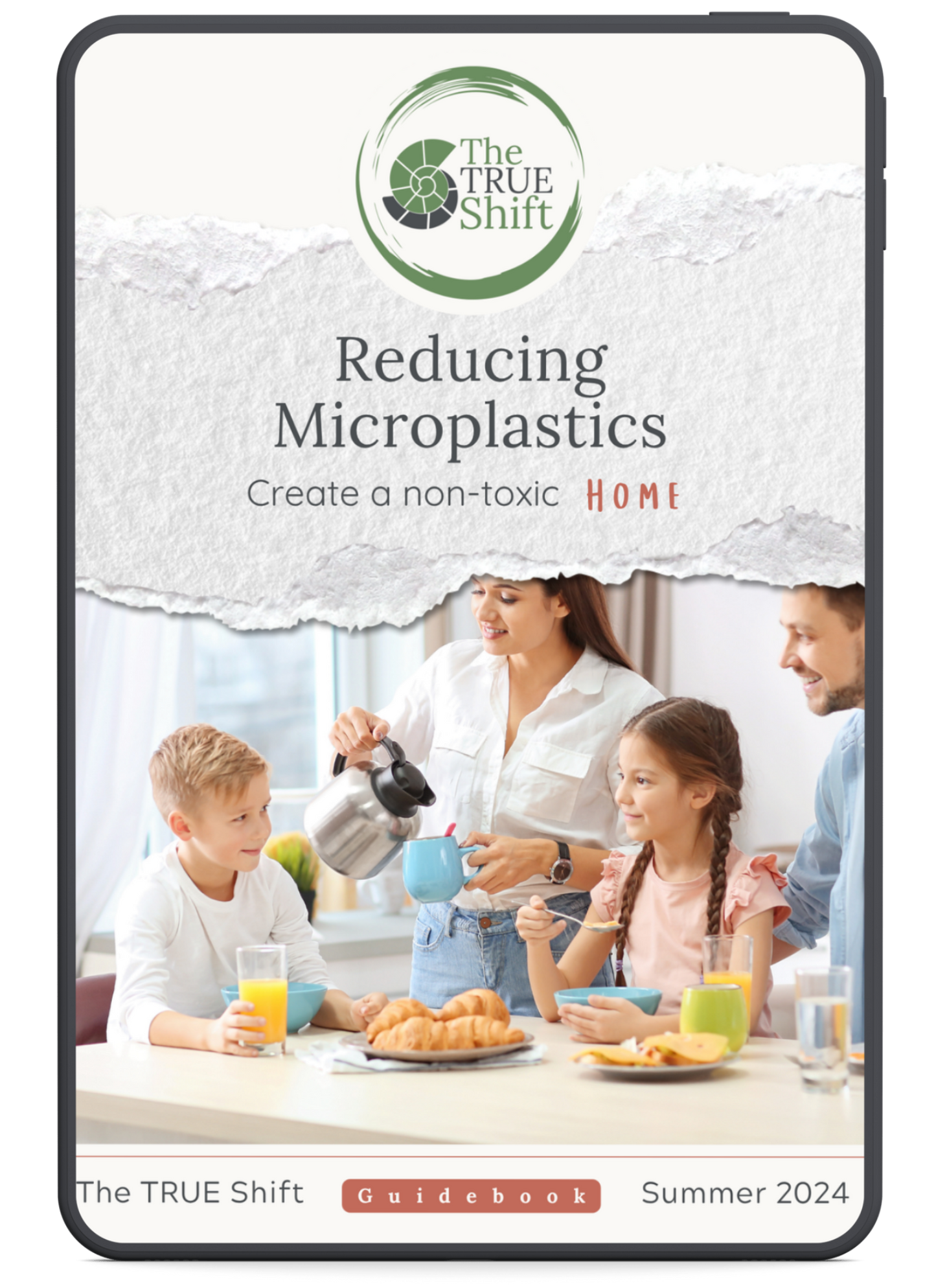 Family at a table with 'The TRUE Shift' guidebook on reducing microplastics
