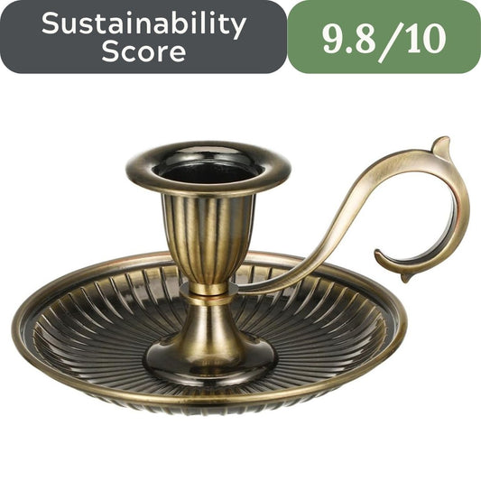 Bronze candle holder with a sustainability score displayed above it on a white background