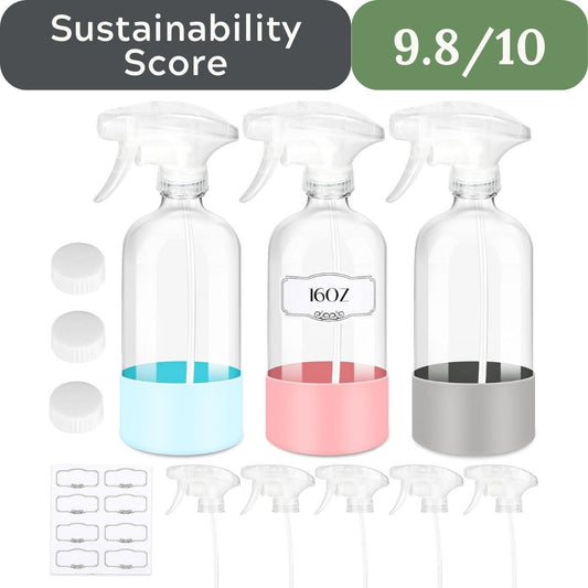 ZENOWICK 16 oz Glass Spray Bottles: 3-Pack with Protective Silicone Sleeves